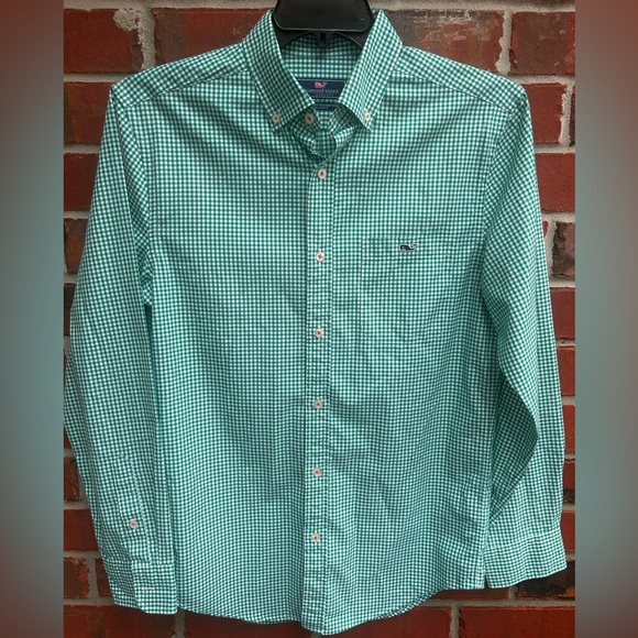 Vineyard Vines Classic Fit Tucker Long Sleeve Button Down Green Gingham S Shirt - Picture 5 of 6